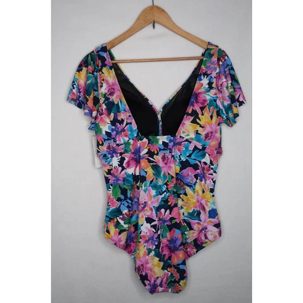 Swim Solutions Garden Dreams One Piece Swimsuit Flutter Sleeve Floral 18 NWT